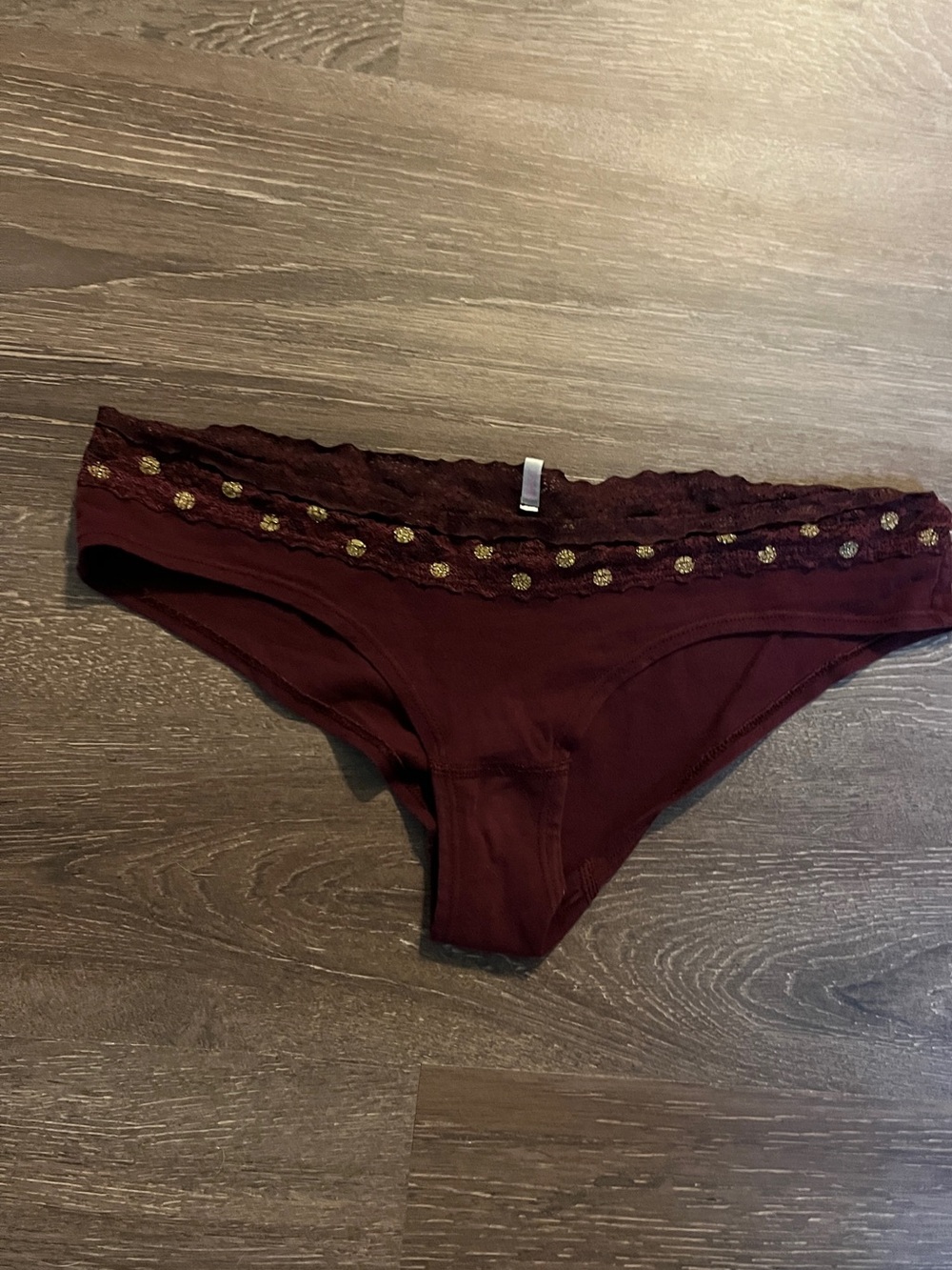 PINK Victoria's Secret Burgundy Hipster Panty with Gold Dot Trim